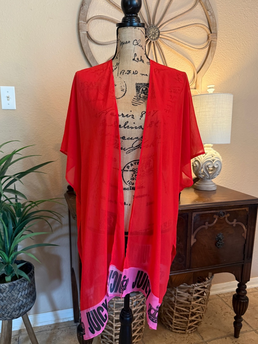 Juicy Couture Red Sheer Open Kimono with Pink Logo Hem